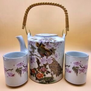 Beautiful Purple & White Vintage Japanese Porcelain Peacock Tea Set w/ Two Cups
